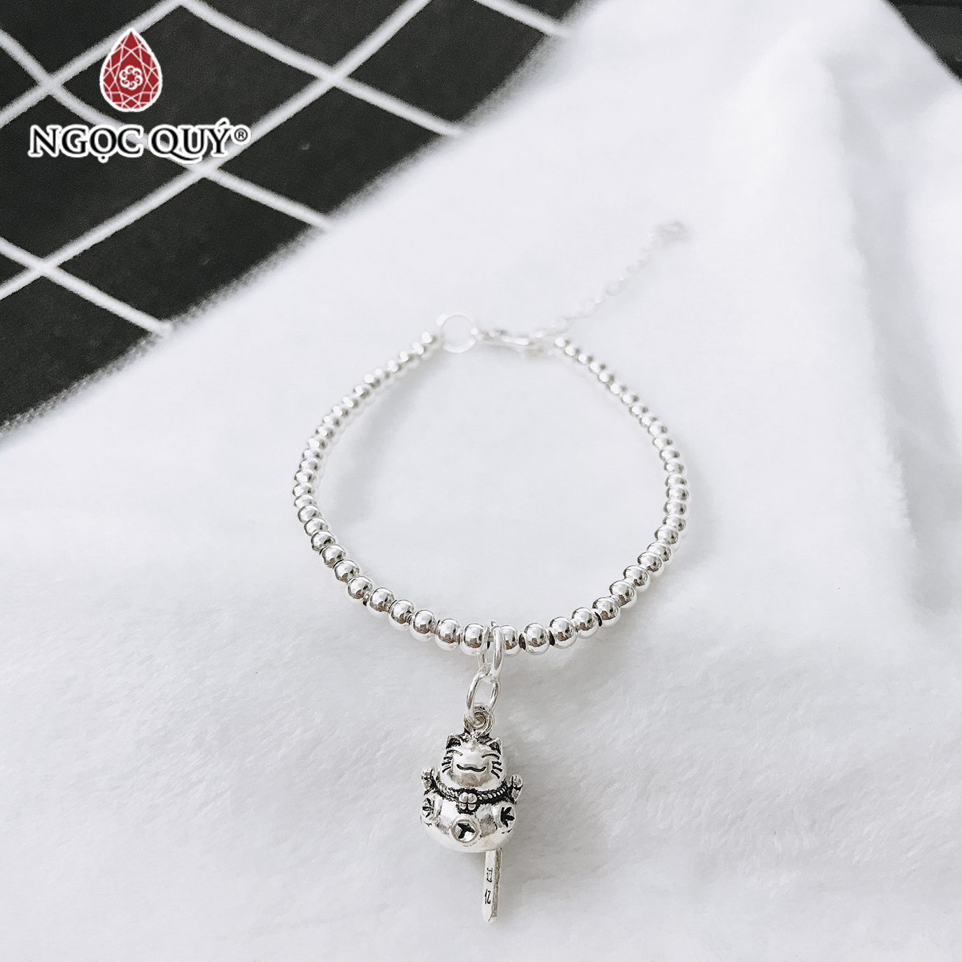 Lắc bi bạc 3mm mèo may mắn - Ngọc Quý Gemstones