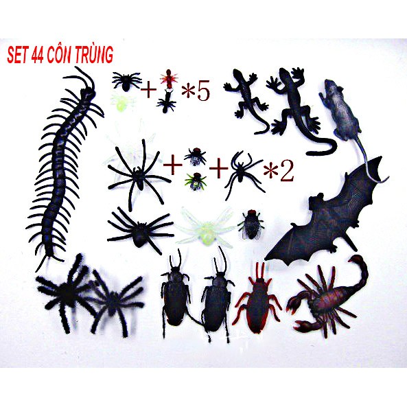 Bộ 44 trùng giả / 150 Trùng Giả Bằng Nhựa đầy đủ gián rết nhện bò cạp chuột dơi như hình