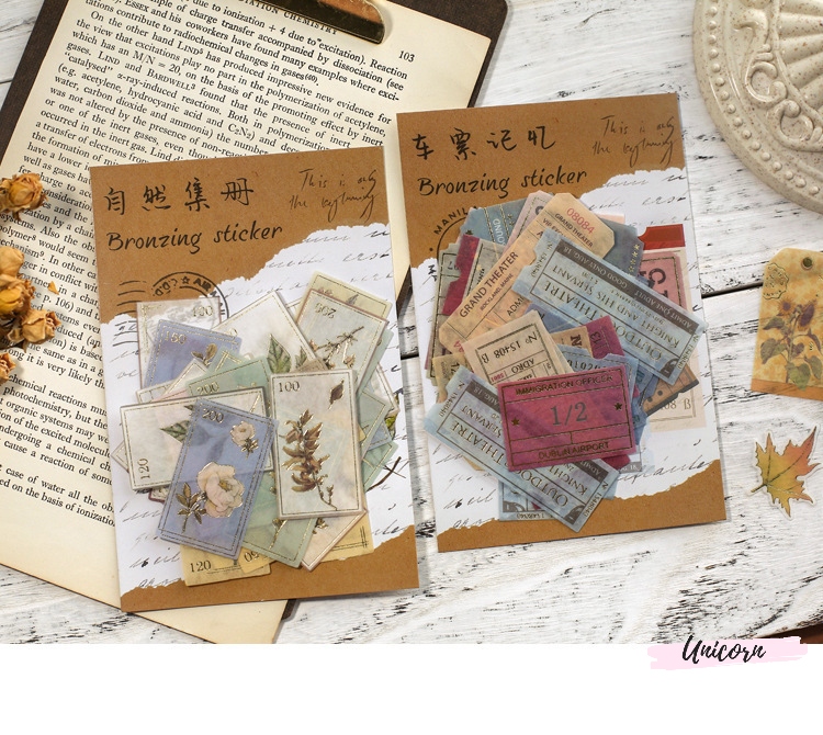 set 40 sticker phong cách vintage - hình con tem bronzing sticker