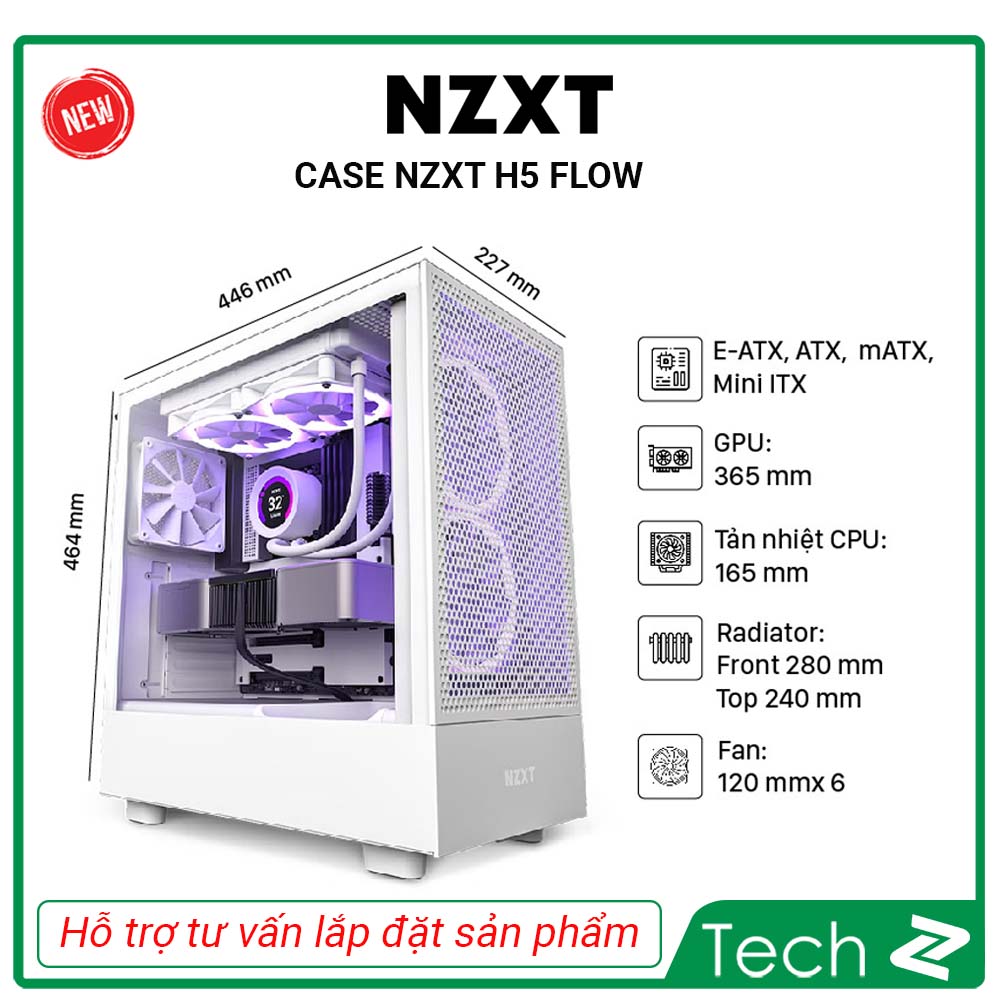 Vỏ máy tính NZXT H5 Flow (Mid Tower/Màu Trắng/Màu Đen)
