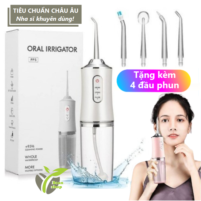 Máy tăm nước nha khoa Oral Irrigator, tăm nước cầm tay vệ sinh răng miệng Oral Irrigator bản quốc tế tặng kèm 4 đầu phun