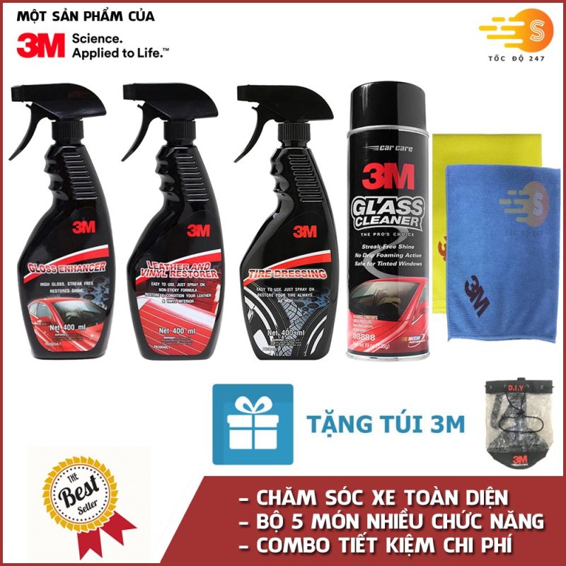 Bộ 5 sản phẩm 3M chai xịt bảo dưỡng nội thất 39040LT, bảo dưỡng lốp 39042LT, tăng độ bóng sơn 39034LT, rửa kính ô tô 08888 và khăn lau chuyên dụng SQ21 (màu ngẫu nhiên) - Tặng kèm túi 3M
