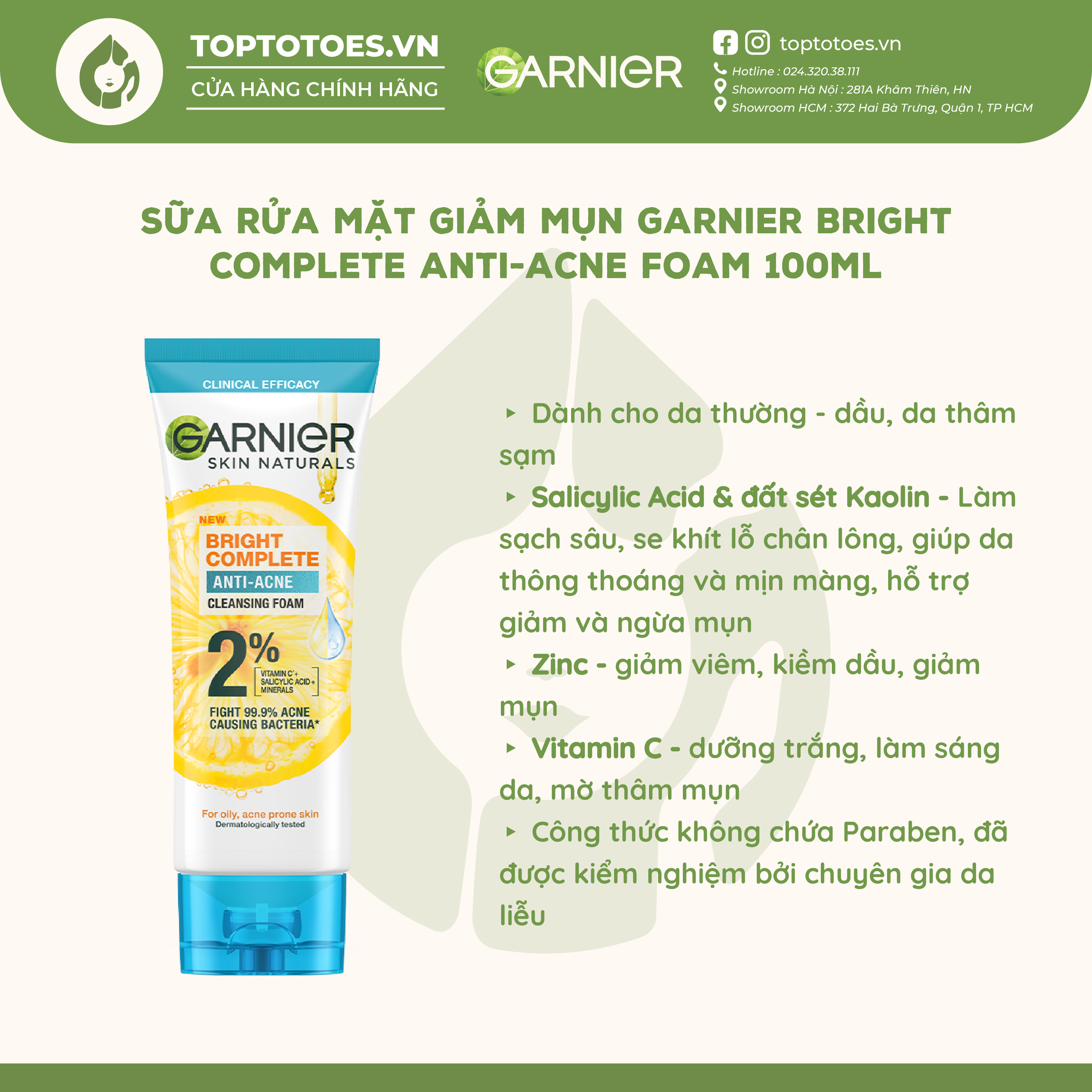 Sữa rửa mặt Garnier Bright Complete giảm mụn, sáng da