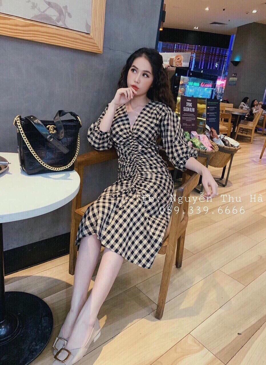 Đầm Carô tay phồng rút dây bao đẹpy hình tt0719