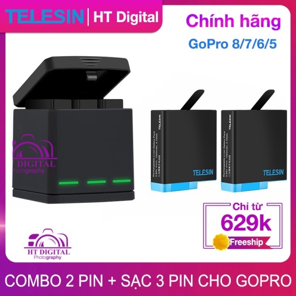 △  Combo sạc 3   2 pin Telesin cho Gopro Hero 5 Hero 6 Hero 7 Hero 8 Full chức năng (Hàng chính hãng)