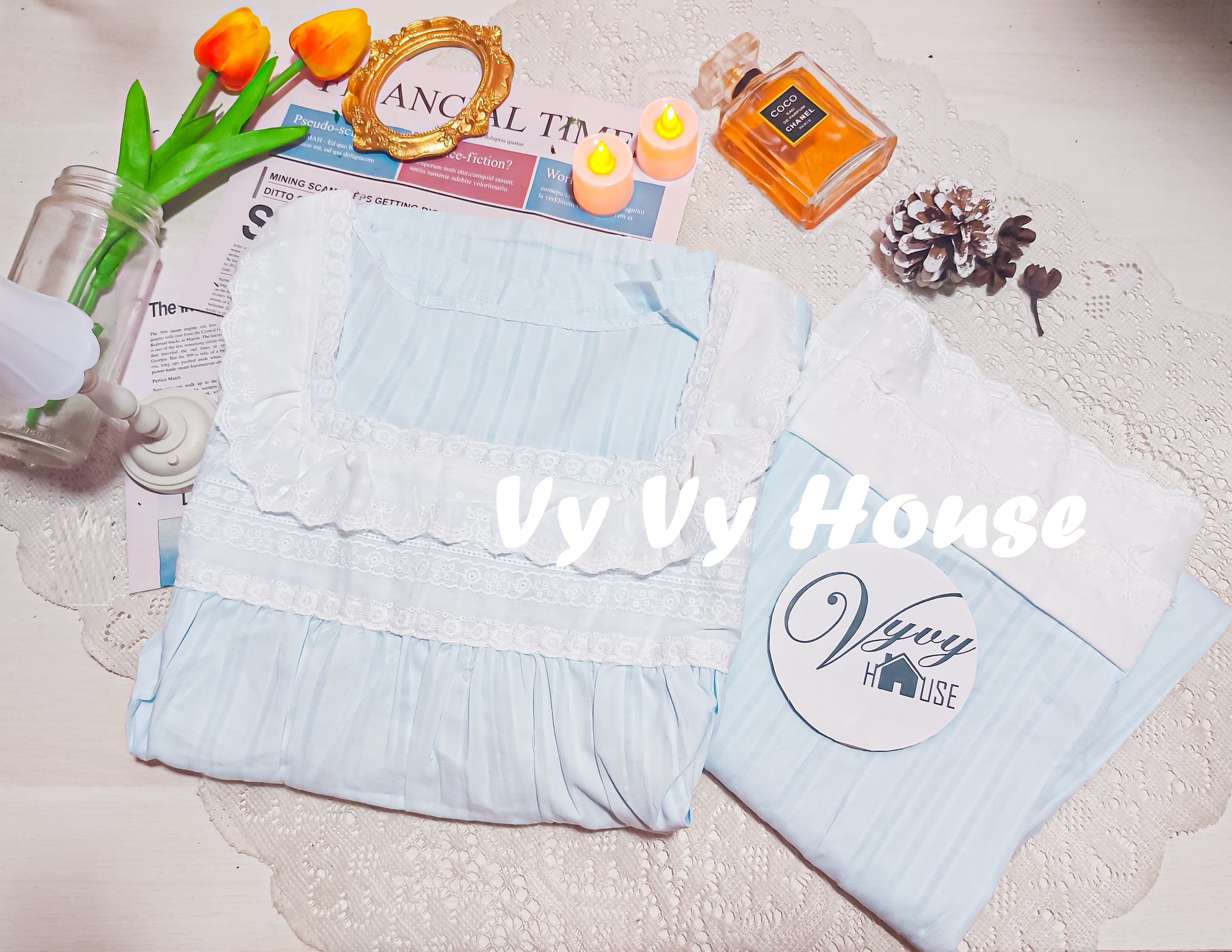Set bộ mặc nhà phối ren tiểu thư quảng châu