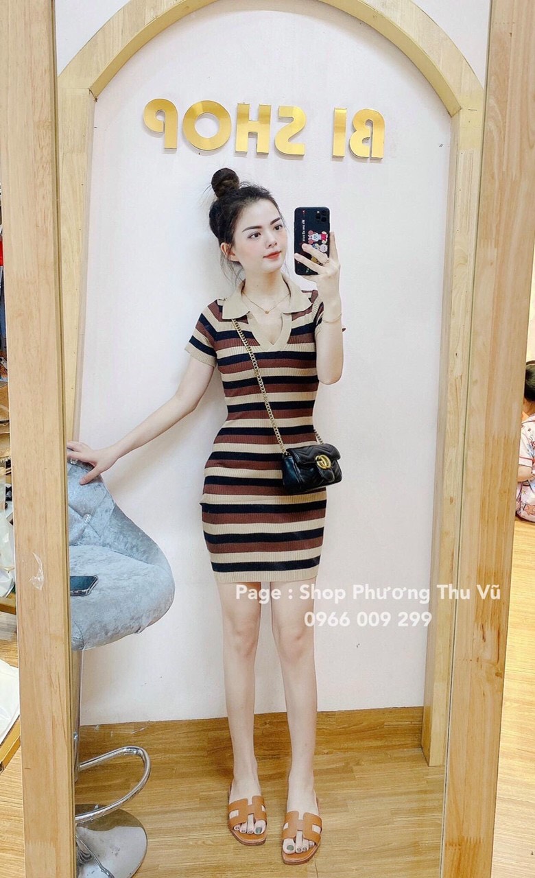 Váy len polo body kẻ ngang