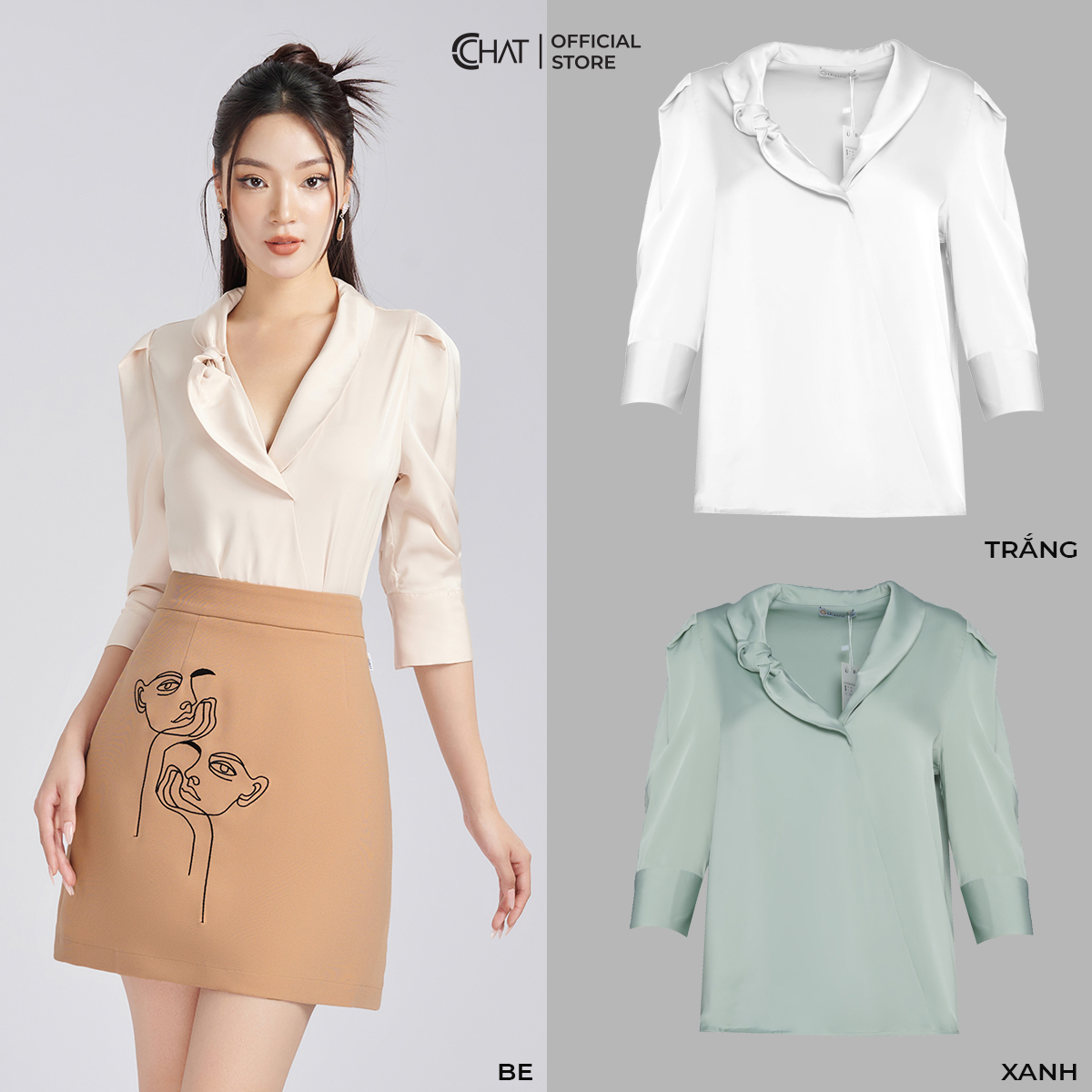 Áo Sơ Mi Nữ CCHAT Vạt Chéo Cổ Nút Chất Lụa Cao Cấp 53FNL2015ST