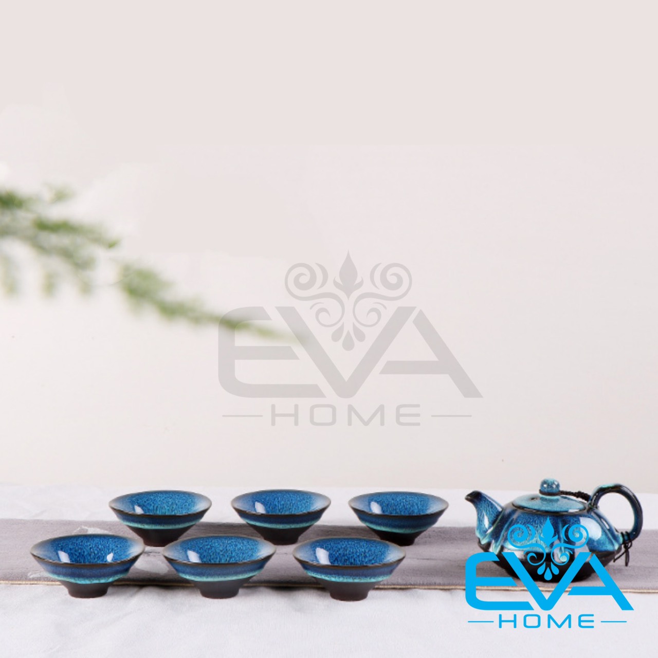 Bộ Ấm 6 Chén Pha Trà Gốm Sứ Men Xanh Thiên Mục Cao Cấp