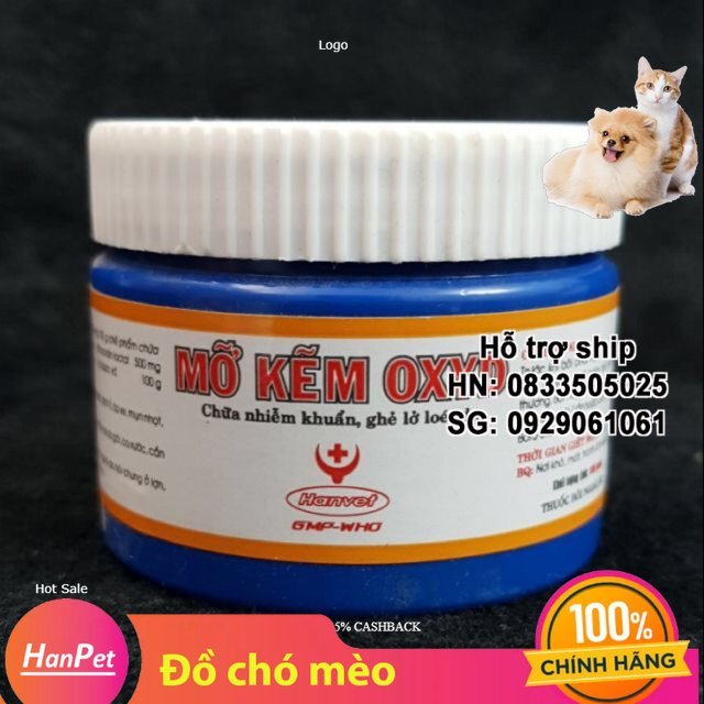 Hanpet - Mỡ kẽm OXYD 100g- Mỡ bôi mau lành vết thương trên. ghẻ ngứa, lở loét trên da cho chó mèo -