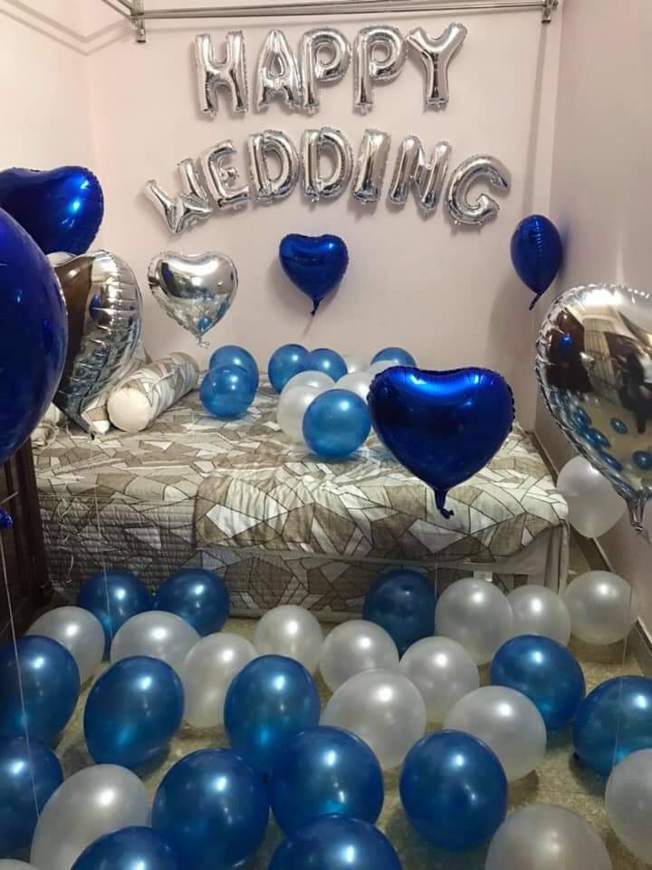 Set bóng trang trí  tiệc cưới, phòng cưới , phòng tân hôn HAPPY WEDDING tông trăng - xanh