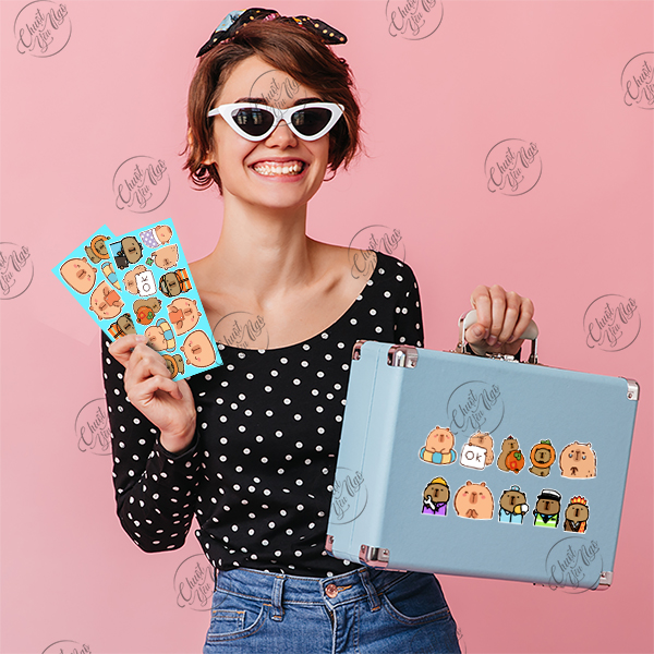 Combo 100 sticker CHUỘT LANG NƯỚC hình dán capybara dễ thương decal chống thấm nước meme dán sổ