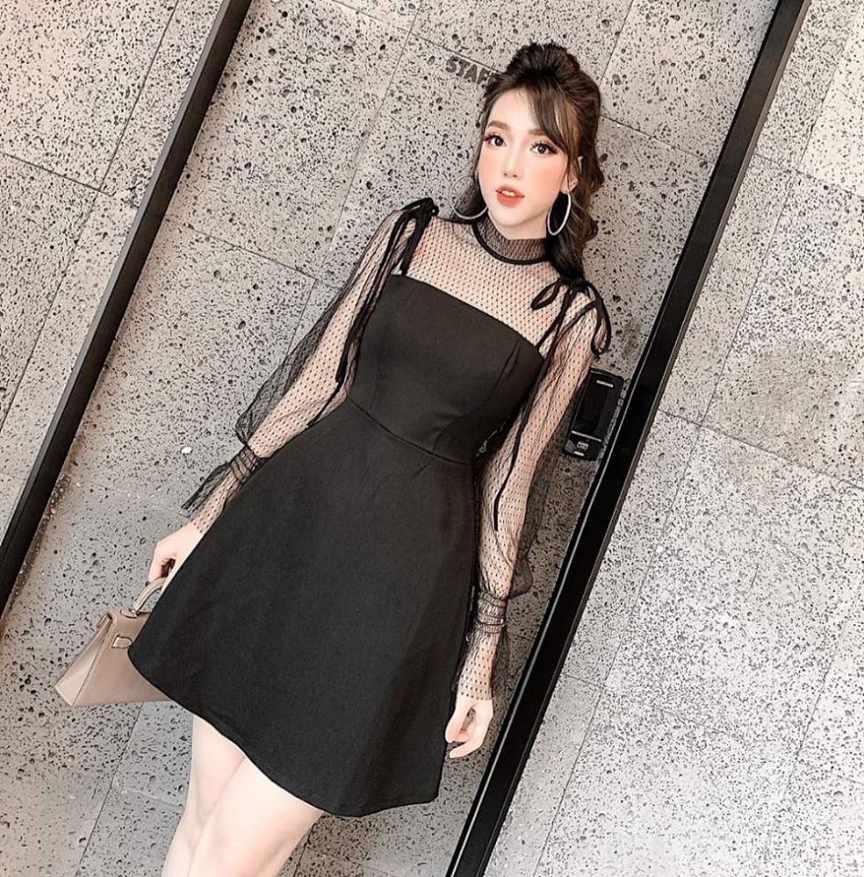 Đầm Dự Tiệc Trắng Phối Tay Lưới