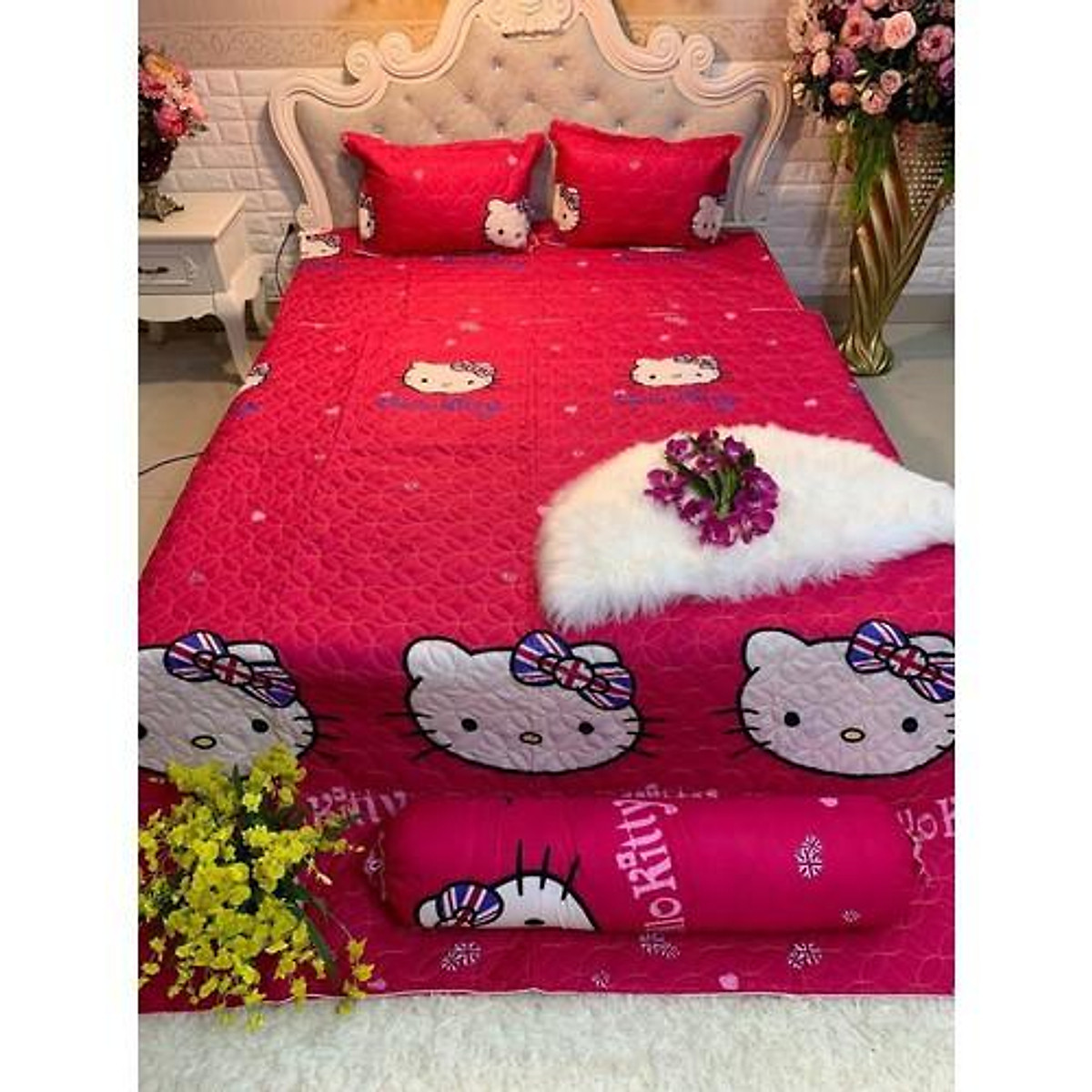 [HÀNG SẴN GIAO HÀNG NHANH] Bộ Chăn Ga Cotton Poly Kitty Hồng 5 Món 1M6 x 2M ( 1 Drap + 2 Vỏ Gối Nằm + 1 Chăn Hè + 1 Vỏ Gối Ôm )