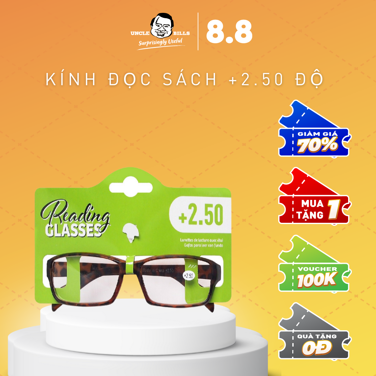 Kính Đọc Sách +2.50 Độ Viễn AE0880 Uncle Bills (Giao màu ngẫu nhiên)