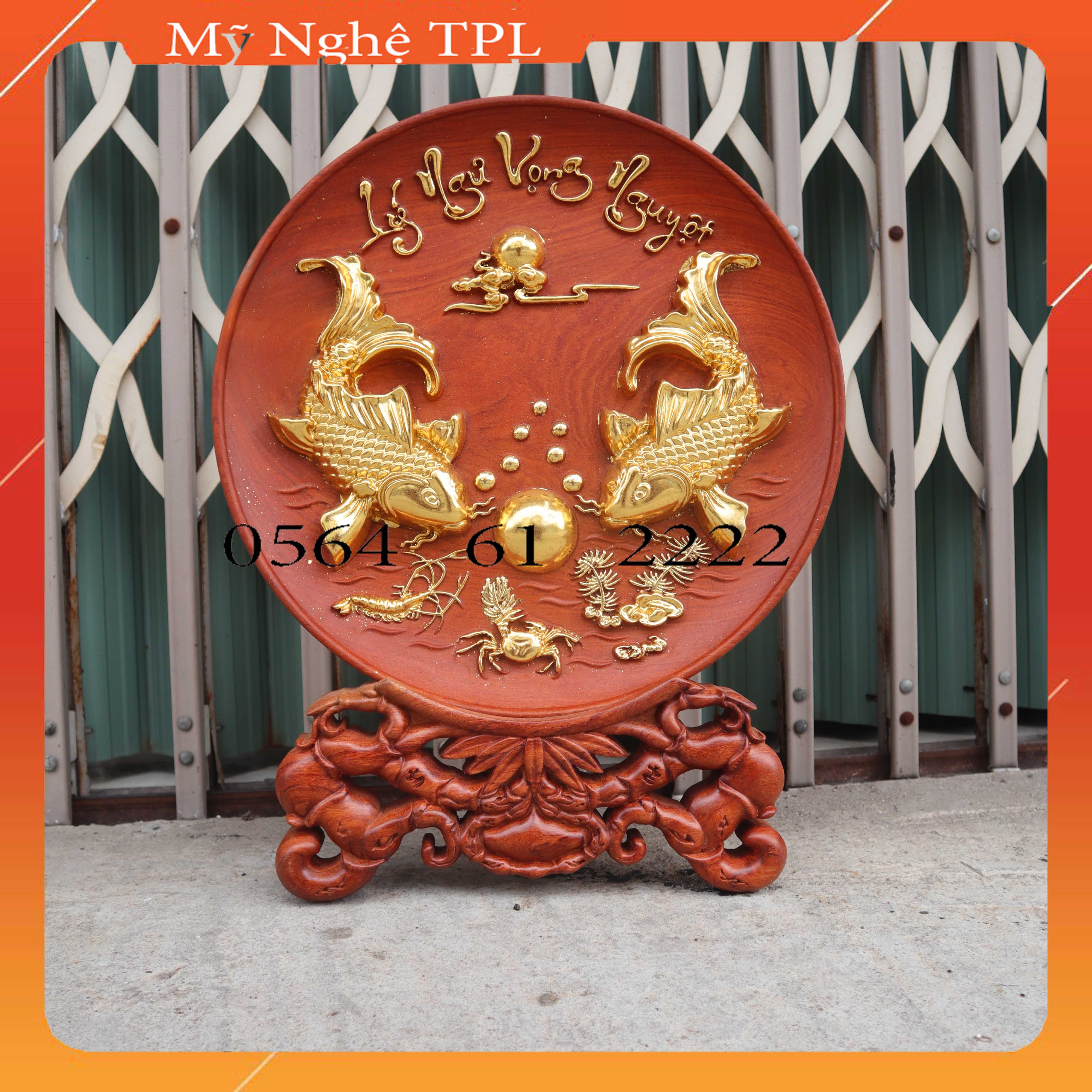 Tranh đĩa tròn trạm cá tranh gỗ trạm song ngư mặt nguyệt 3 đường kính