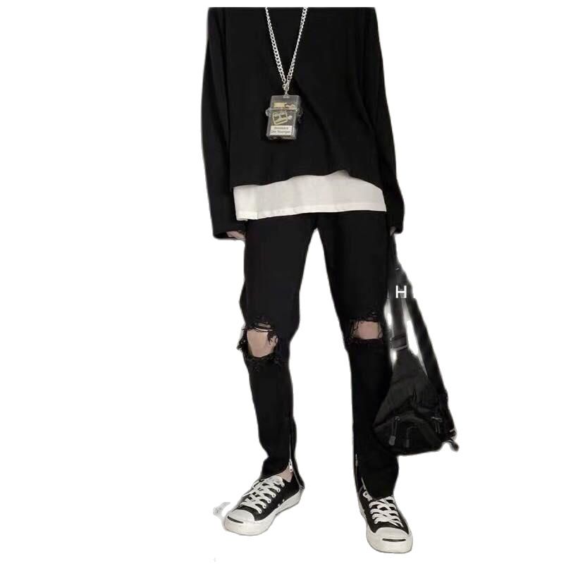 Quần jean rách gối zip phong cách cao cấp - quần đen co giãn dáng slimfit