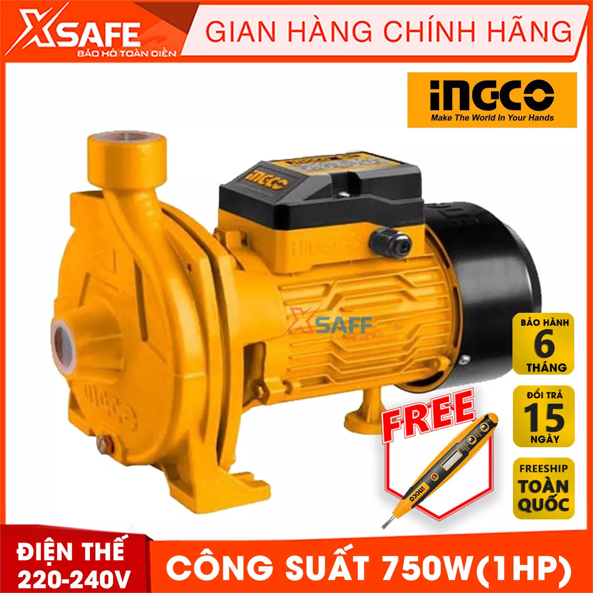 Pump centrifugal INGCO CPM7508 Power 750W(1HP). Pump centrifugal maximum pumping height 30 m, the worms maximum 8m, the maximum flow 110l/P, genuine warranty 6 months-product genuine XSAFE