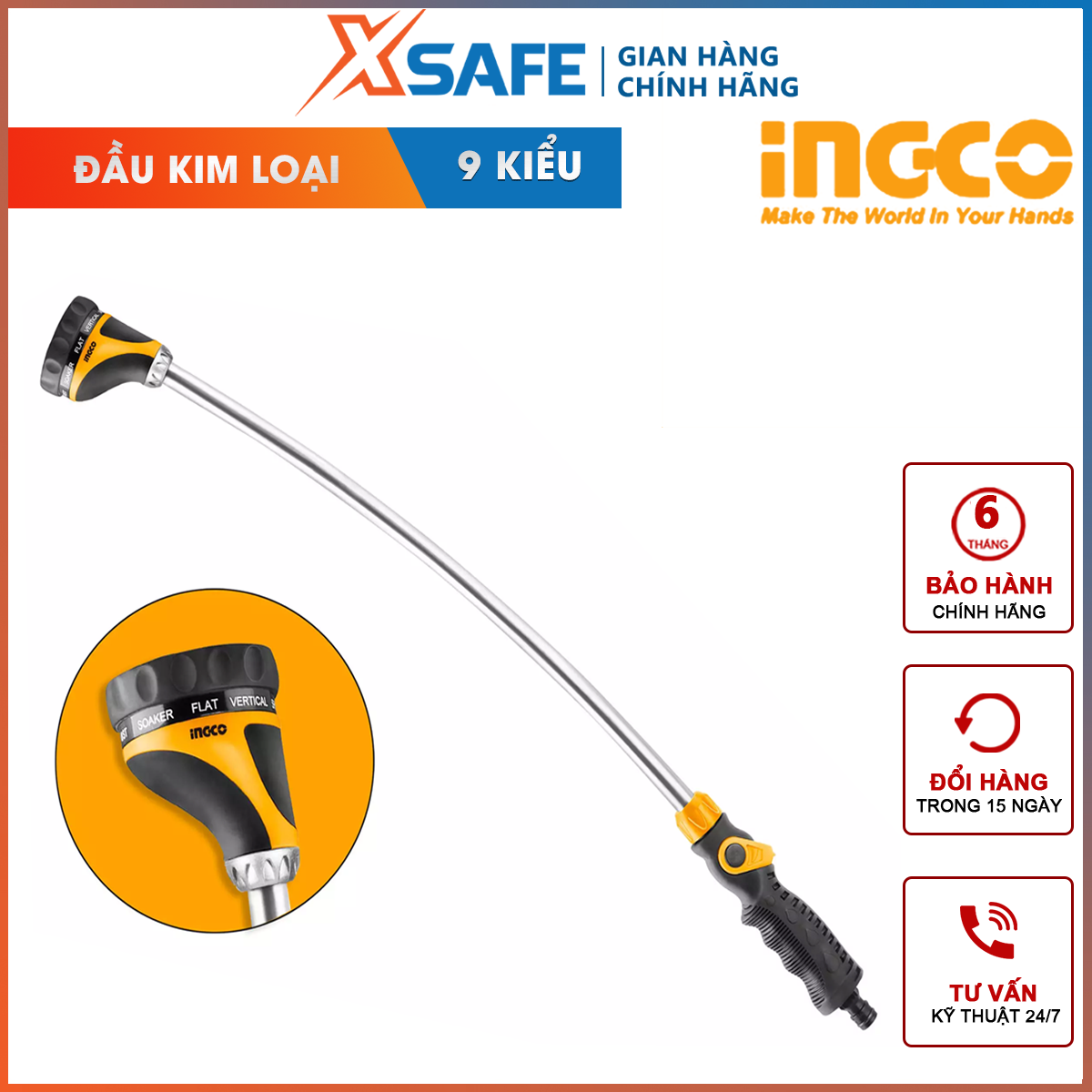 Vòi phun nước tưới INGCO HWW092 | vòi phun tưới nước dài Đầu kim loại, có 9 kiểu phun phun dày, thưa, phẳng, vòi hoa sen tưới vườn, rửa xe, tưới cây