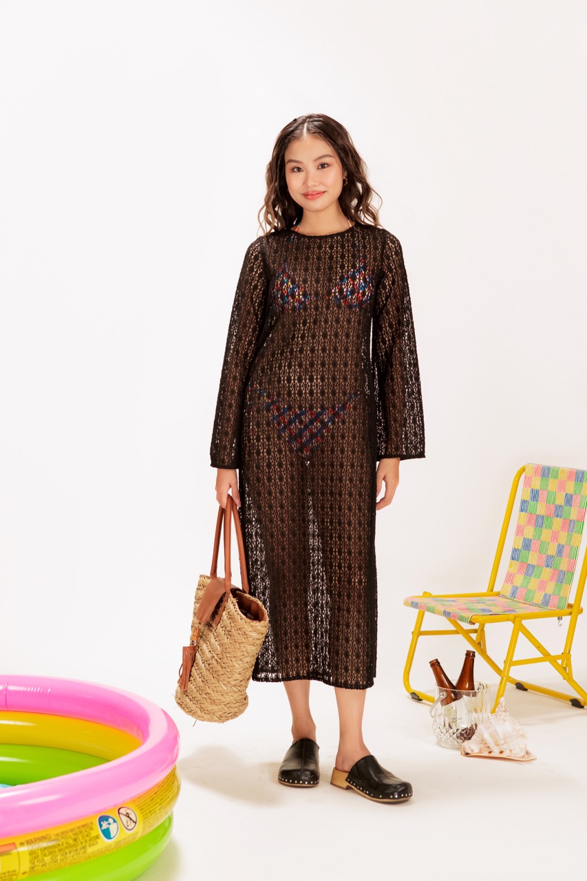 LIBÉ - Đầm crochet dài dáng suông tay dài màu đen