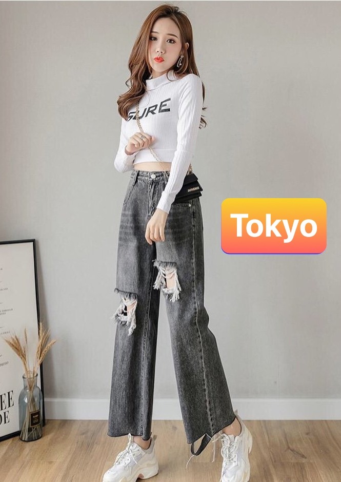 QUẦN JEAN BAGGY NỮ CHẤT BÒ XÁM RÁCH ỐNG RỘNG SANG CHẢNH LƯNG CAO NÂNG MÔNG D-102 CAO CẤP - TOKYO FASHION