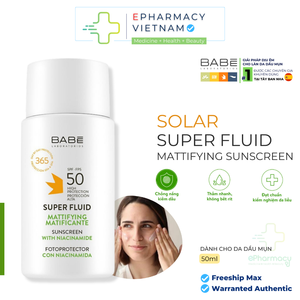 Kem chống nắng BABE Super Fluid Mattifying Sunscreen SPF 50 - Kem chống nắng phổ rộng dành cho da dầu mụn 50mL