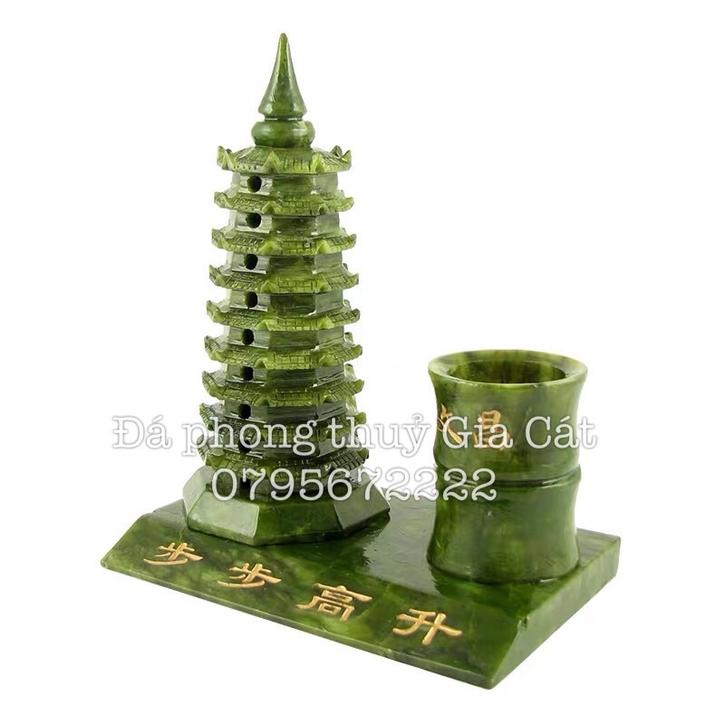 Tháp bút xanh ngọc đá serpetine 18cm Đá phong thuỷ Gia Cát