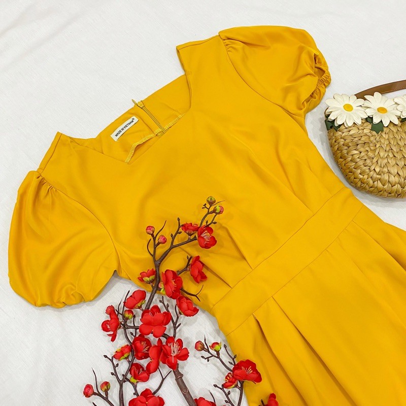 Đầm cổ vuông 2 màu cột nơ
