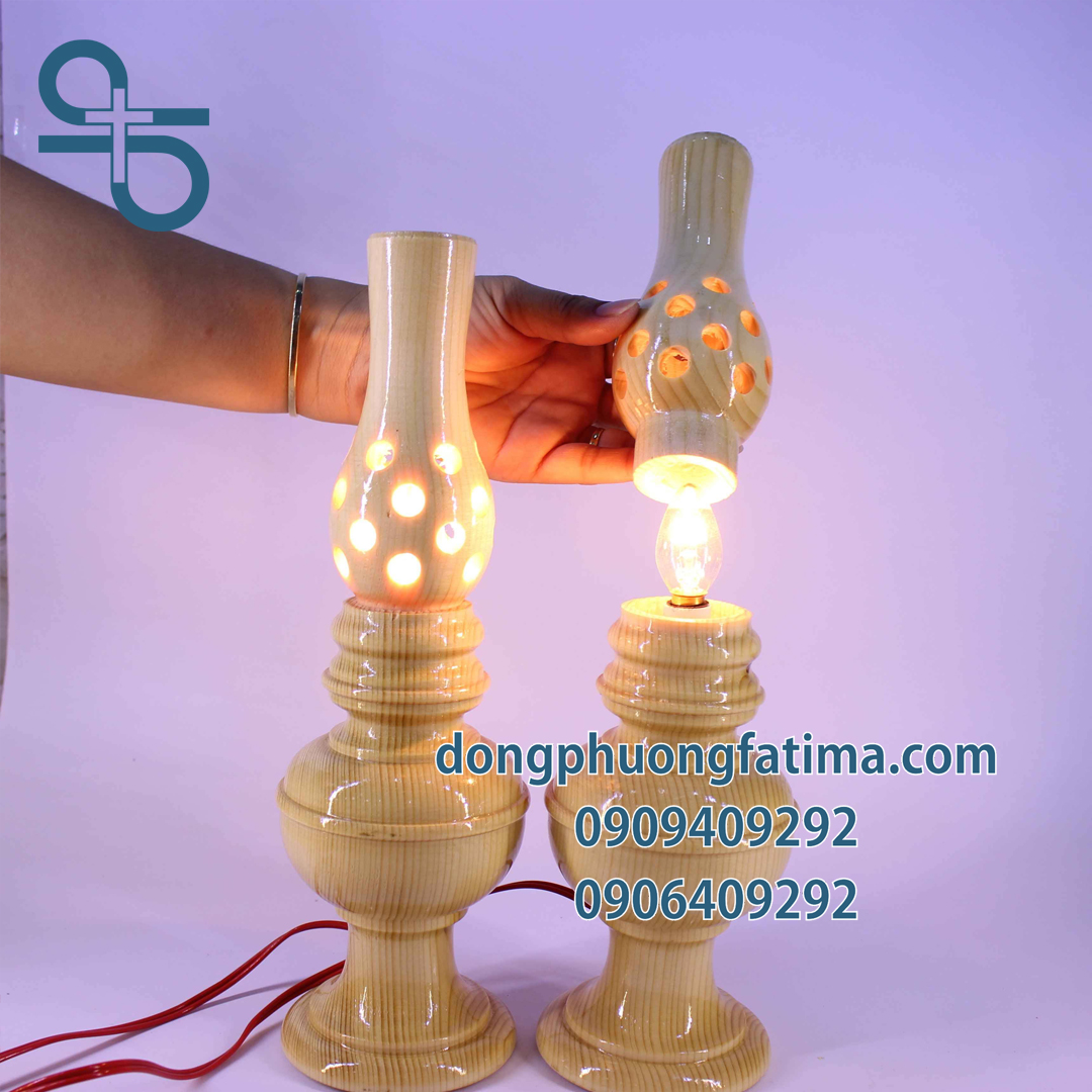 Đèn Bàn Thờ2 Cây Đèn Gỗ Cao Bàn Thờ 29cm