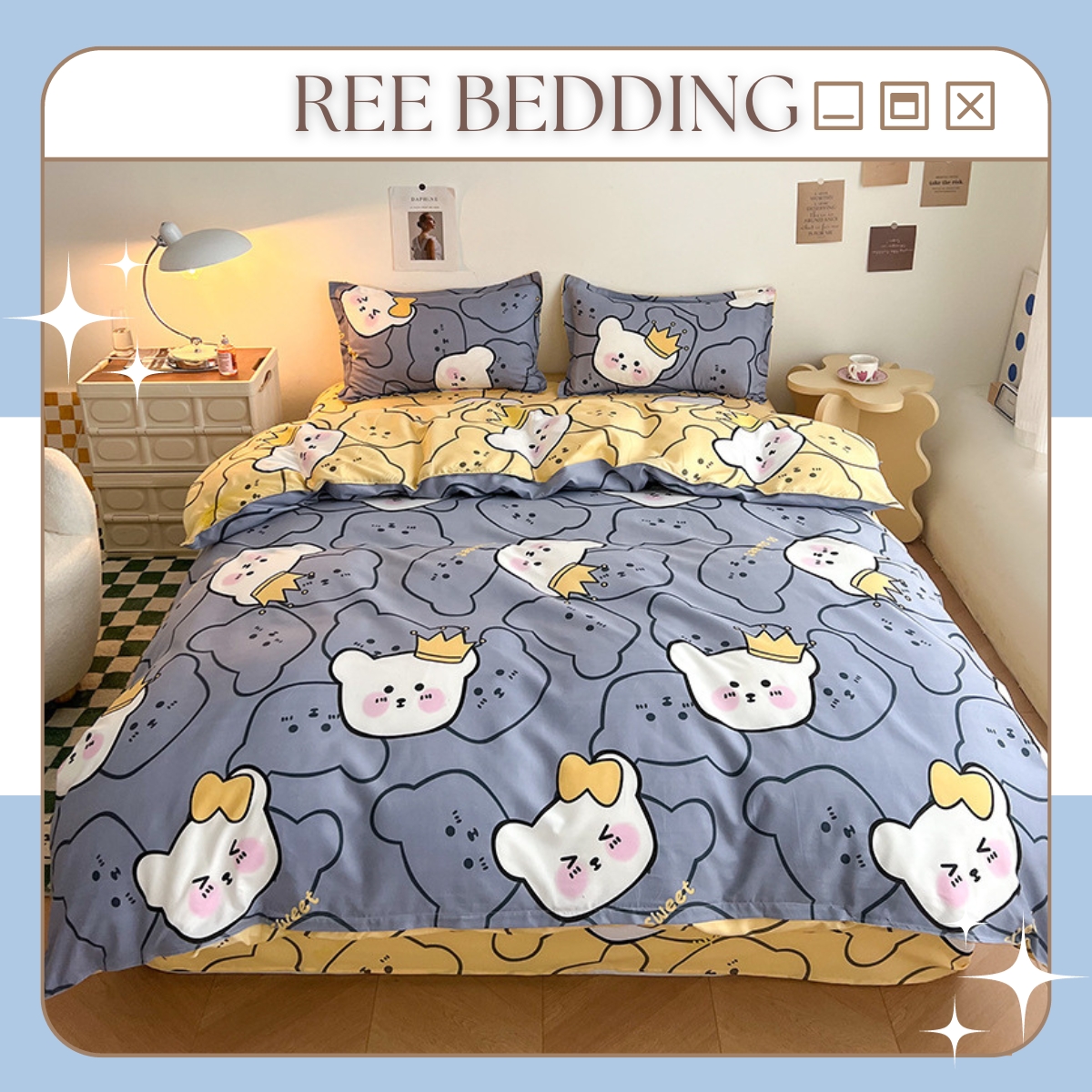 Bộ chăn ga gối Poly Cotton REE Bedding họa tiết gấu xanh vàng đủ size giường nệm PLC120