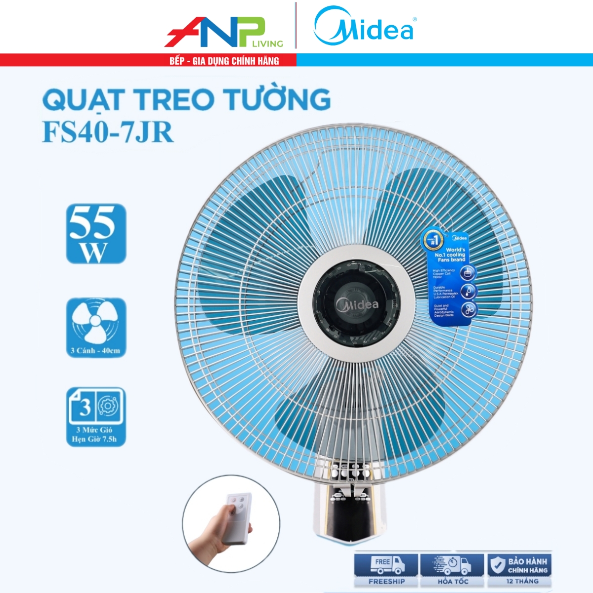 Quạt Treo Tường Midea FW40-7JR (Công suất 55W, 3 Cánh, Điều Khiển Từ Xa Chỉnh Gió 3 Tốc Độ)