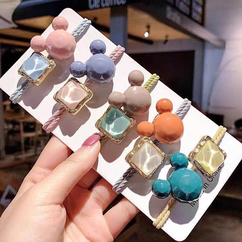 Set 5 Dây Buộc Tóc hình gấu đính đá vuông nhiều màu phong cách Hàn Quốc (Hàng nhập khẩu), chất liệu dây buộc cao cấp, mềm, trơn, co giãn tốt, không kén tóc - Dây cột tóc, cột tóc nữ, chun buộc tóc, thun buộc tóc