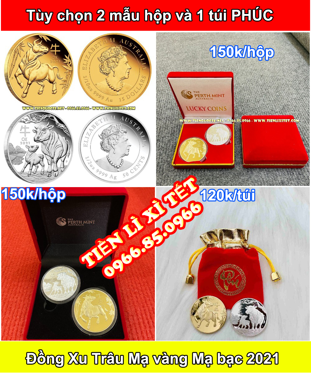 Tiền lì xì Cặp Tiền Xu Hình Con trâu Úc Mạ Vàng, Mạ Bạc 2021