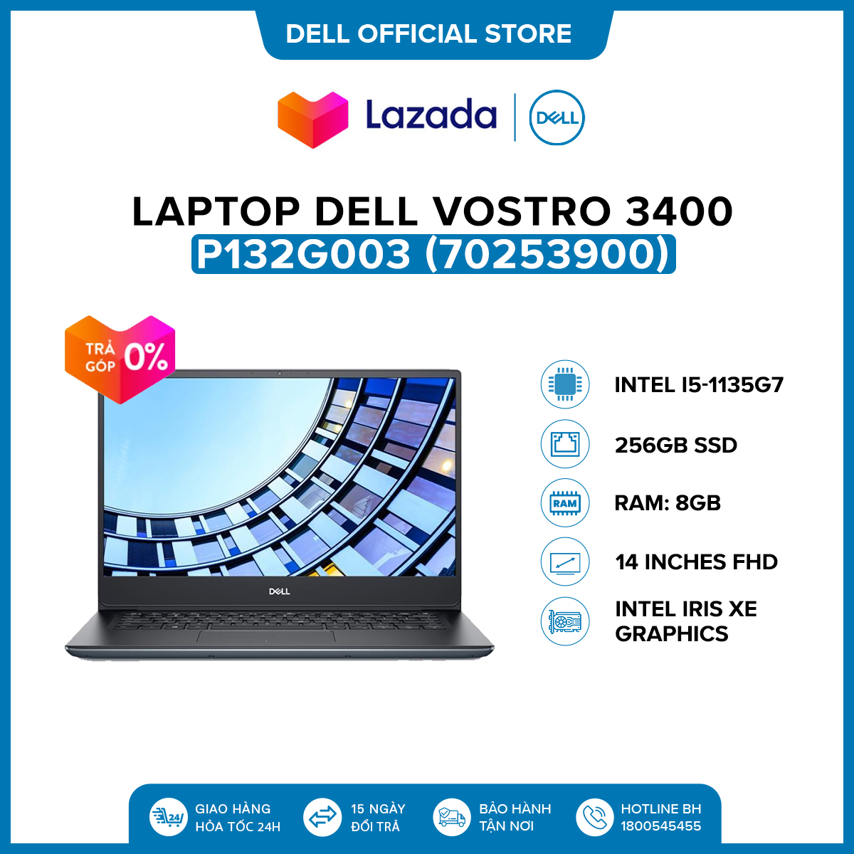 Laptop Dell Vostro 3400 14 Inches Fhd (Intel / I5-1135G7 / 8Gb / 256Gb Ssd / Office Hs19 / Mcafee...