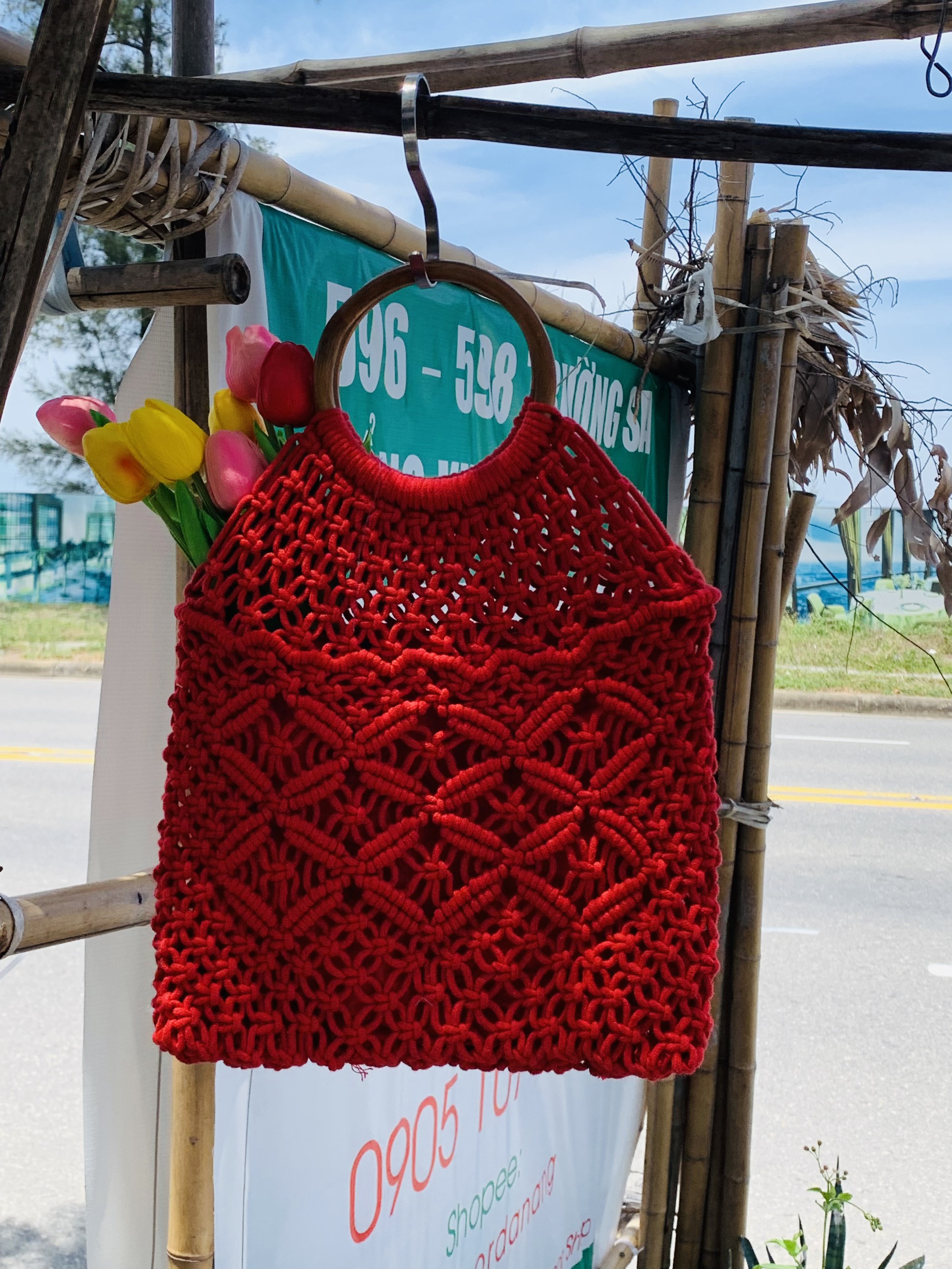 Túi Macrame đeo vai siêu xinh - Phong cách Boho, Vintage Đan Hoa Văn Tinh Tế Ngang: 32 cm * Rộng 32 cm, Dài quai: 23 cm