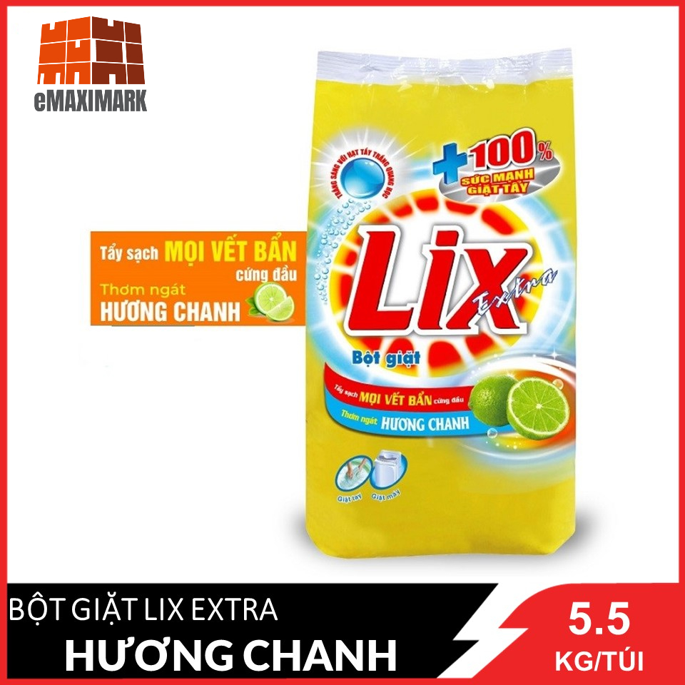 [HCM Ship 2H] Bột Giặt Lix Extra Hương Chanh Tẩy Sạch Vết Bẩn Cực Mạnh Túi 5.5KG