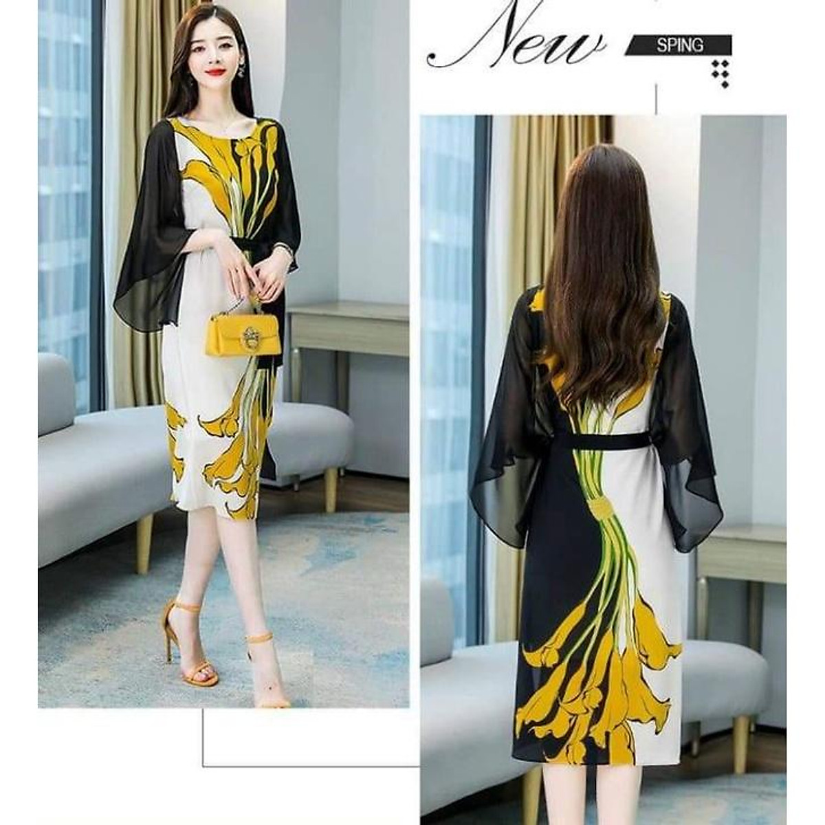 ĐẦM SUÔNG HOA RUM VÀNG THẮT NƠ EO