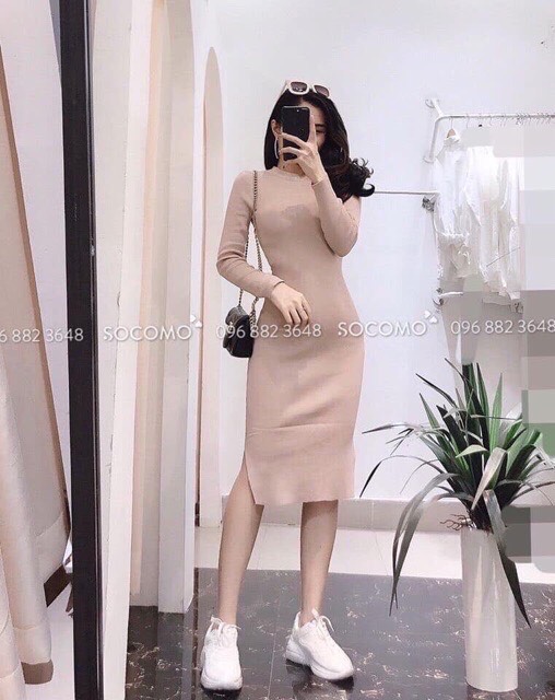 Váy body cổ tròn xẻ 2 bên chất len mềm