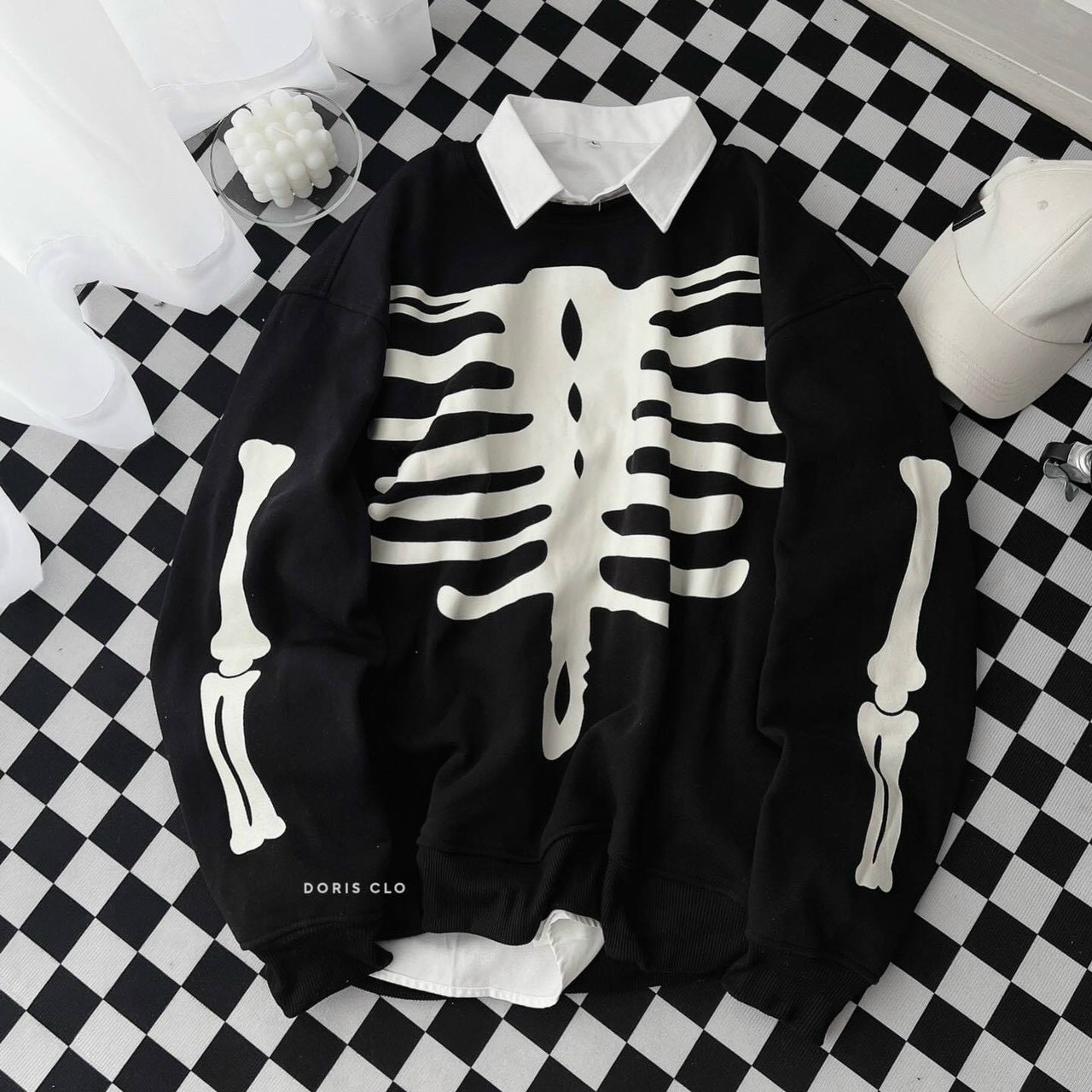 Áo nỉ sweater tay phồng, in hình bộ xương , vải nỉ mềm mịn. mẫu cá tính -hot trend . tp