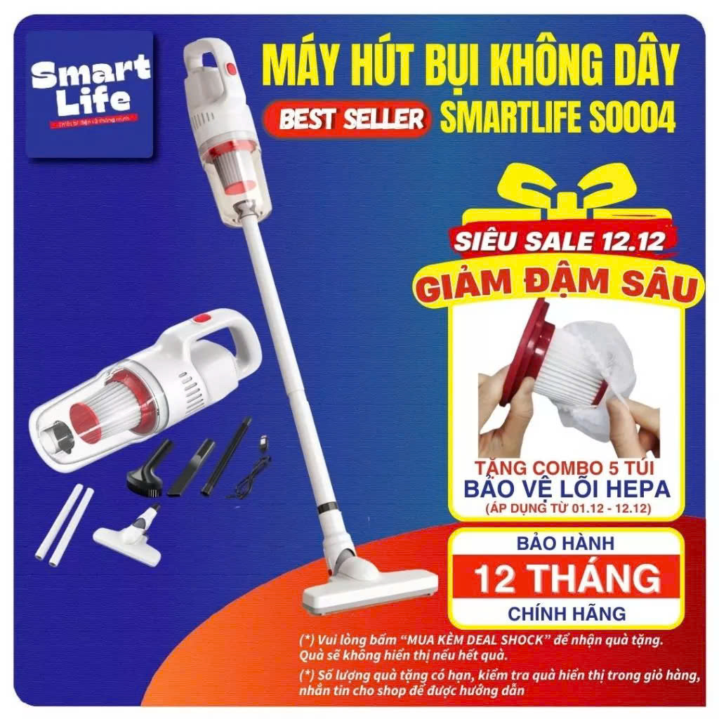 Máy hút bụi không dây SMARTLIFE S0004 đa năng lực hút mạnh 12.000Pa, bộ phụ kiện làm sạch 7 món