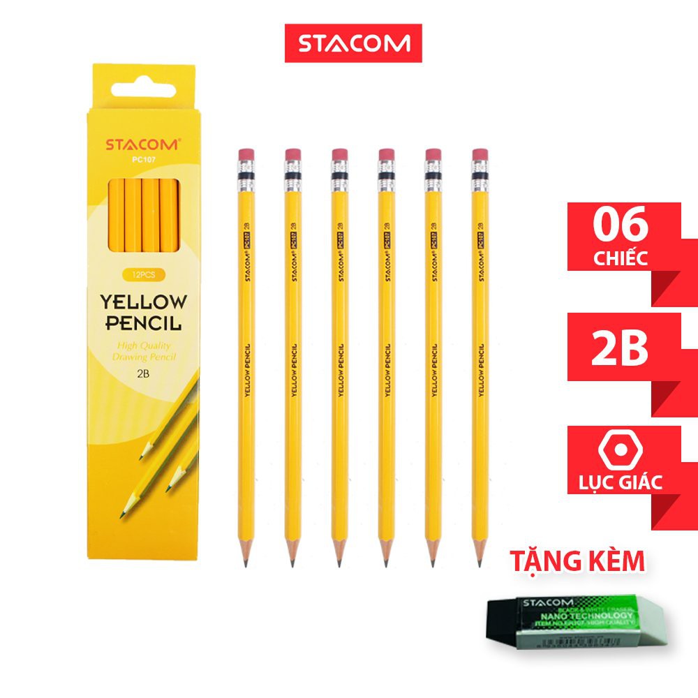 Set 6 cây bút chì thân vàng stacom có tẩy 2b pc107