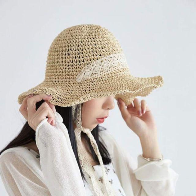 Nón cói mềm dây cột nơ ren đi biển