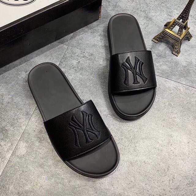 dép nam quai da mác ny thêu đen đế cao su 2 lớp