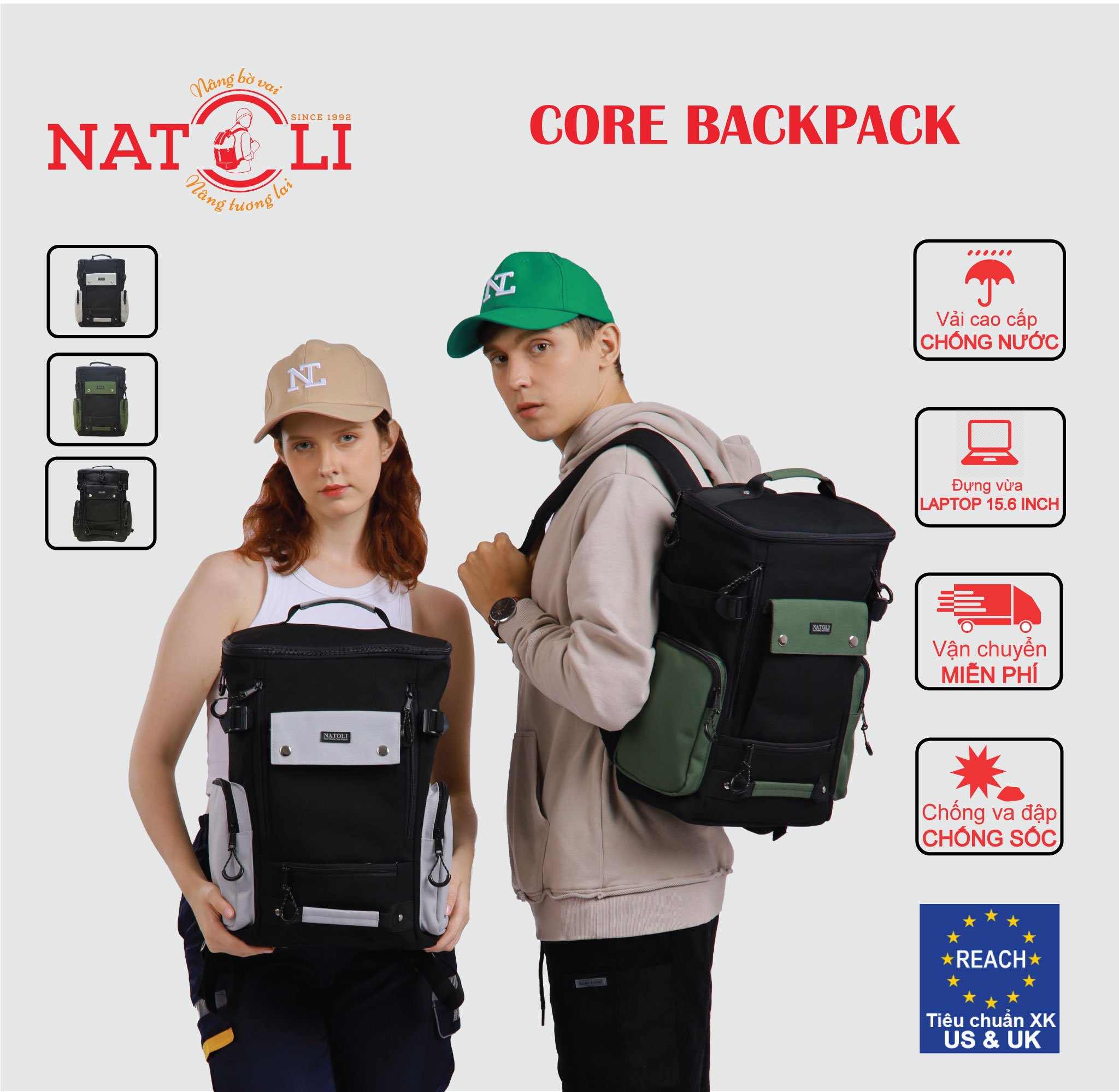 Balo sinh viên unisex CORE BACKPACK B9 chính hãng NATOLI ,Cặp đi học chất vải canvas kháng nước chống sốc nhiều ngăn thời trang cao cấp