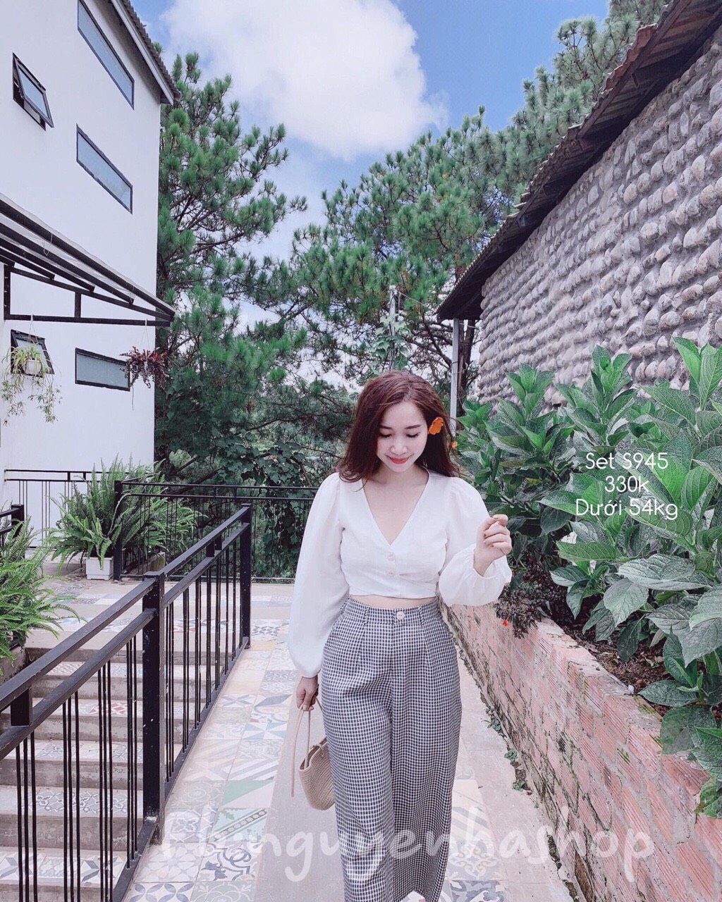 Sét bộ áo voan nơ sau phối quần kate ống rộng dễ thương TTSA0188