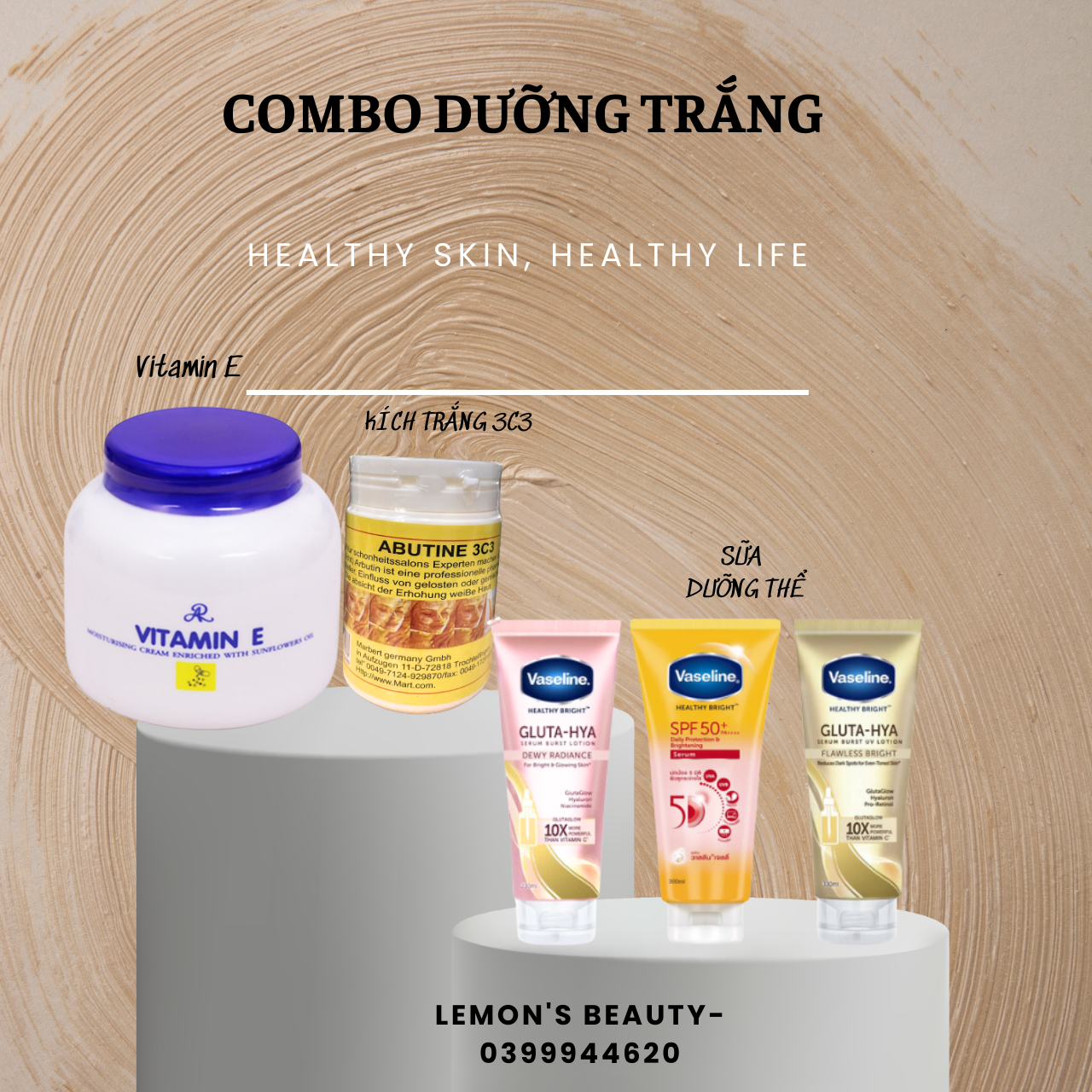 Combo dưỡng trắng da Vaseline Abutine 3c3 và Vitamin E