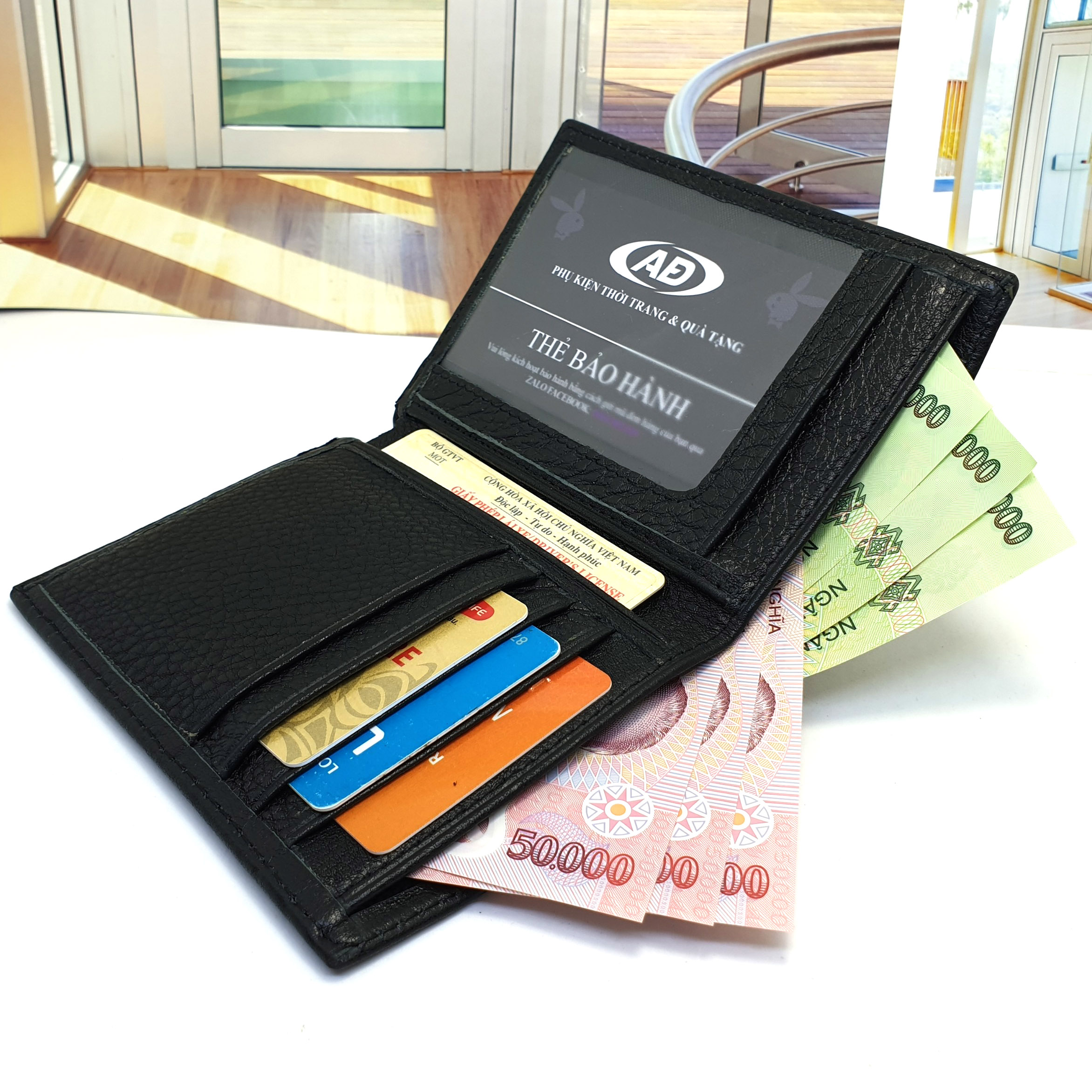ví nam hàng da thật có khóa kéo  ( có hộp đựng )