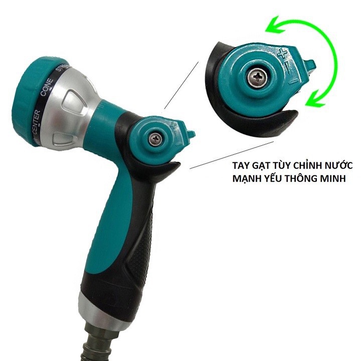 CÂY XỊT PHUN NƯỚC. ĐẦU CÓ 8 CHẾ ĐỘ PHUN VÀ KHÓA GẠT CHỈNH NƯỚC TIỆN ÍCH. TH 437
