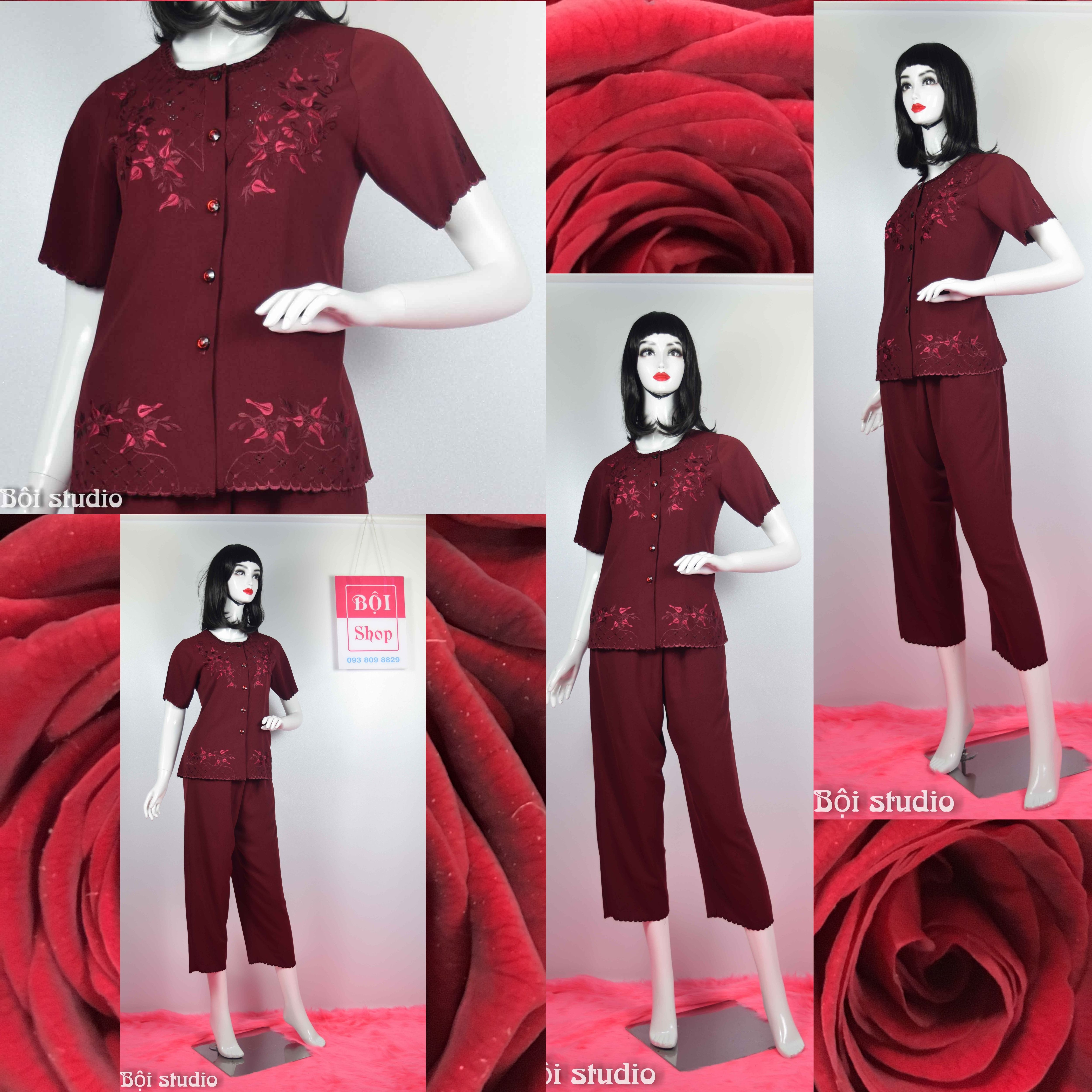 [HCM]Quà cho Bà Quần Áo Lụa Cotton Thêu Đẹp ( Quần Dài - Tay Ngắn ) NATR - Dỏ Đô 29