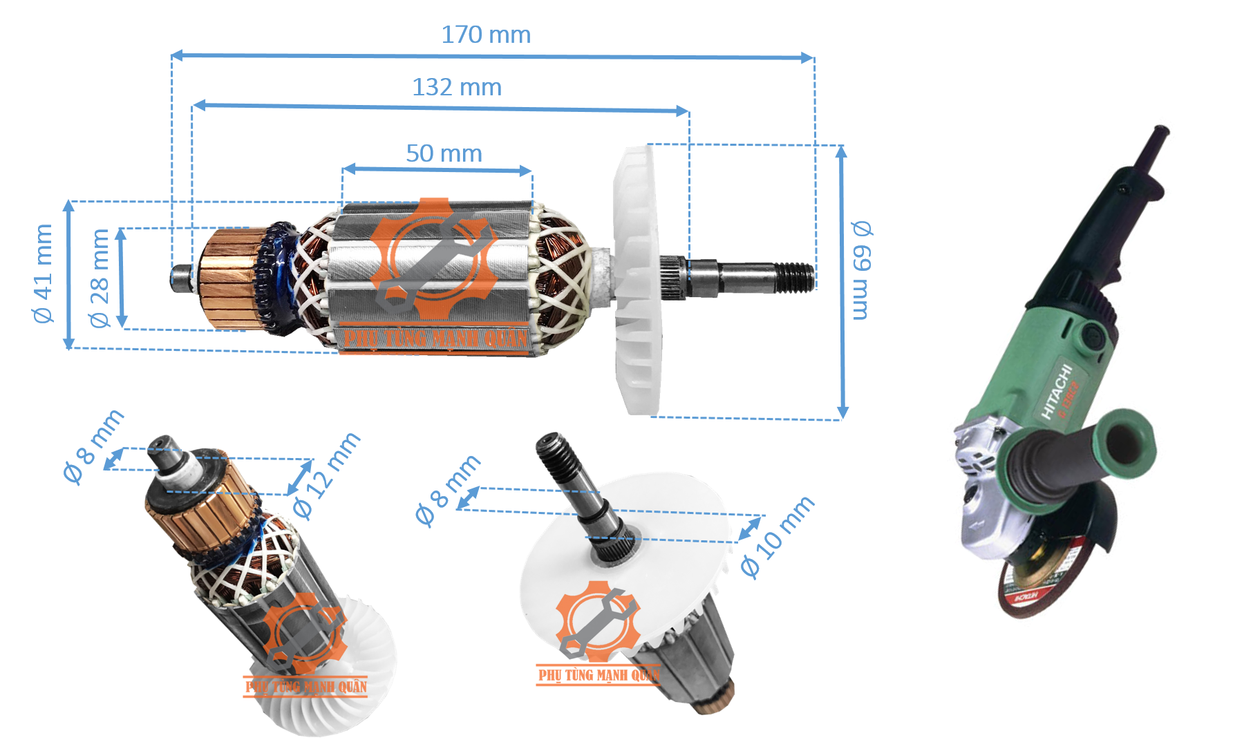 Rotor/ruột máy mài Hitachi 125 thân 41 tặng kèm chổi than cao cấp